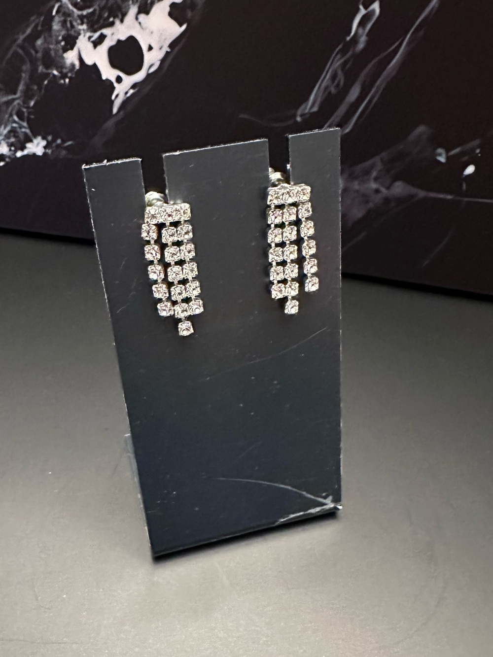 Vintage Silver Tone Rhinestone Fringe Drop Earrings Glam Statement